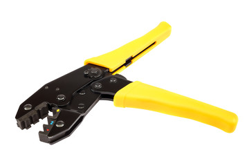 Tool for crimping electrical wires on white.