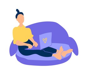 Vector freelance girl at computer stay home.An illustration of a person  remote work and training in a  house in blue, yellow shades flat. Design for banner,web,social networks,packaging.