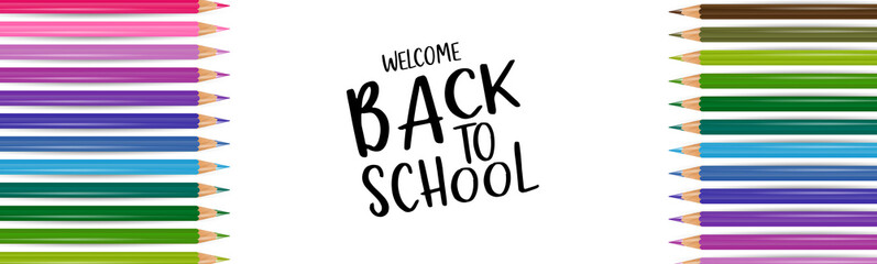 Welcome back to school banner with colorful pencils. Vector illustration.
