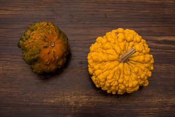 Close-up of several yellow and green decorative pumpkins