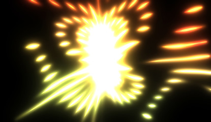Dynamic rays of light isolated on black background. Graphic 2D illustration of glowing colorful light particles.
