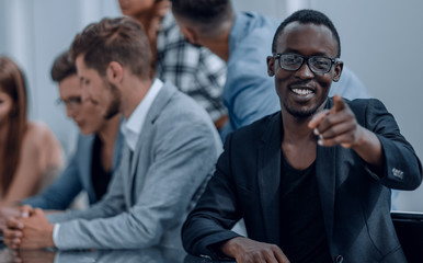 Portrait of man attending work meeting