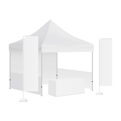 Trade show booth display stand - tent canopy, rectangular flags and demonstration table. Vector illustration © Evgeniy Zimin