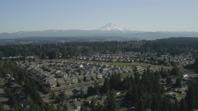 Scenic View Of Rows Of Houses And Lush Pine Trees In A Village In Puyallup, Washington With Snowy Mt Rainier In The Distance - Aerial Shot