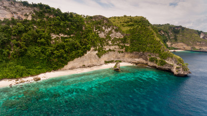 Aerial view on hardly accessible deserted Suwehan beach. Nusa Penida paradise Island, Indonesia.