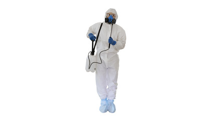Man in a protective suit and mask holding a disinfectant ready t