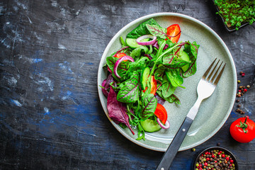 Healthy salad, leaves mix salad (mix micro greens, cucumber, tomato, onion, other ingredients). food background. copy space for text