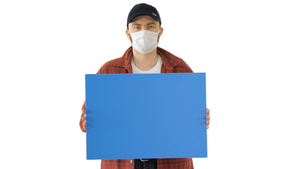 Mature Male Farmer In Medical Mask Holding Blank Placard on whit