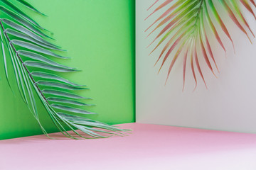 Tropical background of palm leaves in the corner. Hot summer vacation concept.