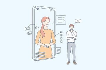 Online assistant, smart technology, communication, business concept. Young businessman cler manager using online assistant on smartphone. Online communication. Social network, freelance. Flat vector