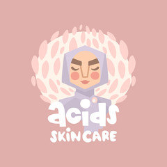 Vector hand drawn illustration. Woman in hijab and the inscription. Aсids skin care lettering. Dermatology and cosmetology, AHA and BHA products, exfoliating acid in skincare routine, peeling.