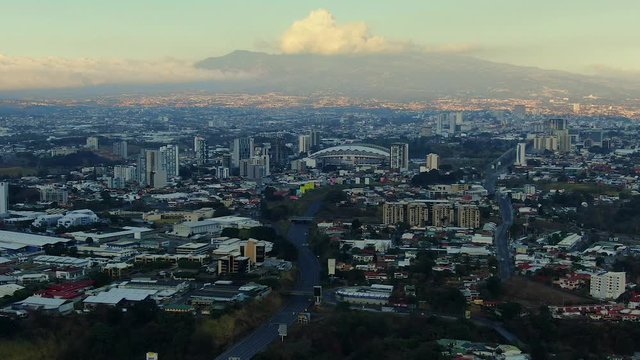 Cinematic aerial view of the Empty streets near the Sabana and 
roundabout  due to the quarentane of Covid-19 in Costa Rica