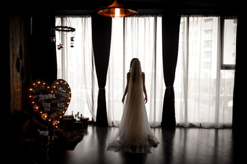 Silhouette of a bride in dark room