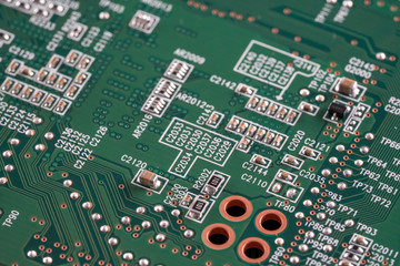 Microcontroller pcb. Close up printed circuit board of an electronic device