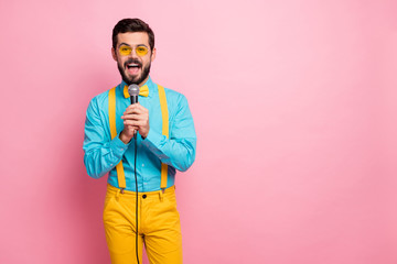 Portrait of his he nice attractive imposing glad cheerful bearded guy mc wearing mint shirt...