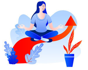 A w0man meditates sitting on the sales arrow. Vector illustration on the theme of Finance.