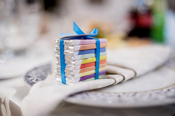 Close up wedding reception table from a vintage restaurant