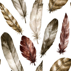 Watercolor seamless pattern with hand drawn bird feathers in boho style. Background with nature elements  for wallpaper, wrapping, invitation, home decor
