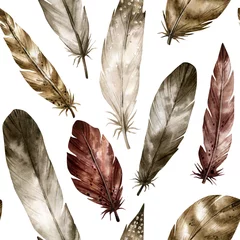 Gardinen Aquarell nahtlose Muster mit handgezeichneten Vogelfedern im Boho-Stil. Hintergrund mit Naturelementen für Tapeten, Verpackungen, Einladungen, Wohnkultur © Kate K.