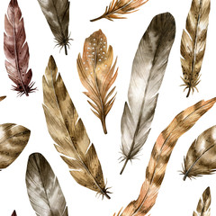 Watercolor seamless pattern with hand drawn bird feathers in boho style. Background with nature elements  for wallpaper, wrapping, invitation, home decor