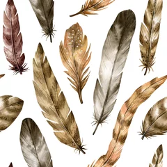 Acrylic prints Watercolor feathers Watercolor seamless pattern with hand drawn bird feathers in boho style. Background with nature elements  for wallpaper, wrapping, invitation, home decor