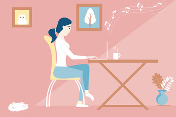  Stay at home concept.  woman working on laptop at her house. Vector illustration.