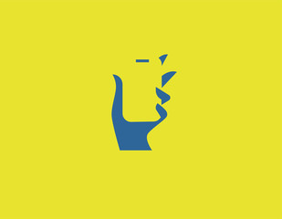 Abstract blue logo icon on a yellow background phone in hand for your company