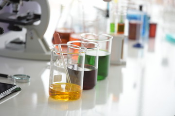Glass tubes and chemical experiment equipment In the science lab Testing the vaccine against Covid 19.