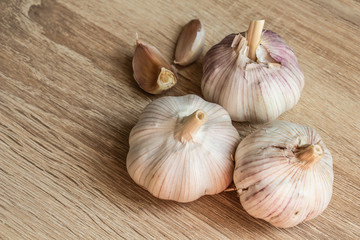 old garlic close-up on a wooden background