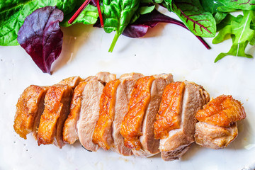 duck breast salad, Menu concept food background keto or paleo diet. top view. copy space for text 