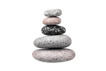 Pebble pile on white background isolated close up, stack of balanced zen stones, pyramid of smooth sea pebbles, tower of round cobblestones, yoga rocks heap, stacked balance cobble stone arrangement