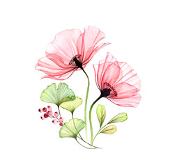 Watercolor Poppy bouquet. Two pink flowers with leaves and berries isolated on white. Hand painted artwork with detailed petals. Botanical illustration for cards, wedding design