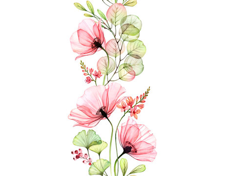 Watercolor Poppy seamless border. Vertical repetitive pattern. Abstract pink flowers with leaves and fresia branches on white. Botanical illustration for cards, wedding design