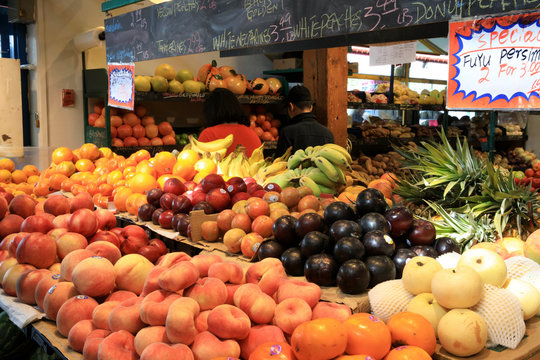 Vancouver, America - August 18, 2019: Fruits at Granville Island Public Market, Vancouver, America
