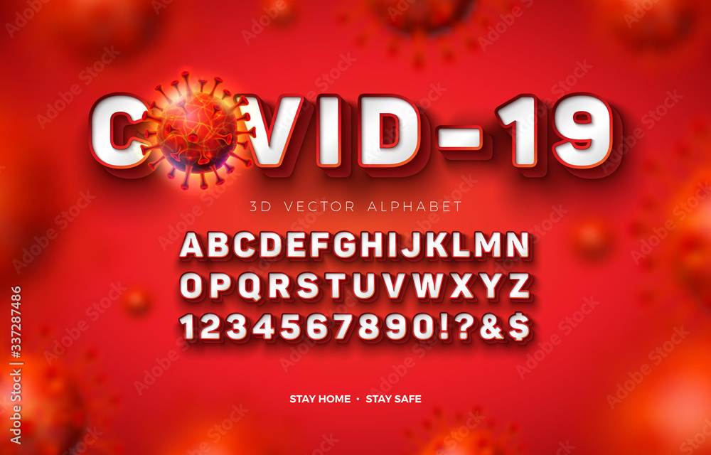Fototapete vector 3d alphabet font with frame and shadow for covid-19 virus outbreak on red background. modern 