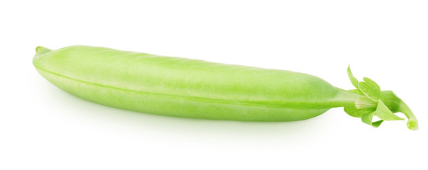 Closeup of whole green pea pod isolated on a white background.