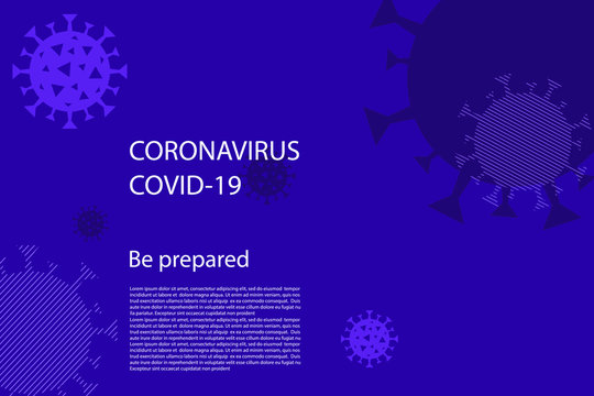 Coronavirus Outbreak Information Banner With Line Art Bacteria Cell Pattern On Dark Purple Background. Covid-19 Novel Virus. No Infection And Stop Coronavirus Concept. Vector Medical Poster Design.