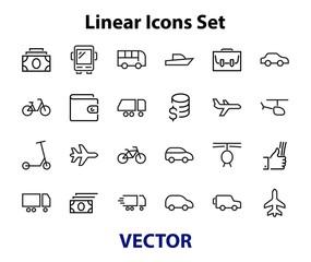Set of public transport related vector line icons. Contains icons such as bus, bike, suitcase, car, scooter, truck, transport, trolley bus, sailboat, motor boat, plane and much more. Editable stroke.