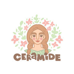 Vector hand drawn illustration. Portrait of a woman with braids and the inscription. Ceramide lettering. Round background with flowers. Hairstyles, hair care routine, products. Icon in flat style.