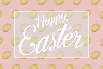 Yellow Easter eggs on a pink background. Festive preparation, pattern, repetition, banner. Text, Happy Easter, greeting card, postcard.