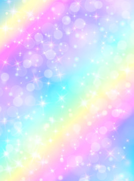 Holographic vector illustration in pastel color. Galaxy fantasy background. The Pastel sky with rainbow for unicorn. Clouds and sky with bokeh. Cute bright pattern for candy.