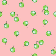 Green watercolor berries on pink background: juicy seamless pattern, tender textile print and wallpaper design.
