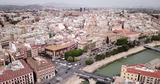 Aerial view of Murcia cityscape with a segura river  and apartment buildings, Spain