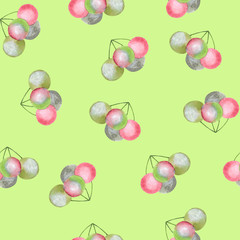 Fototapeta na wymiar Green-pink watercolor berries on light-green background: juicy seamless pattern, tender textile print and wallpaper design.