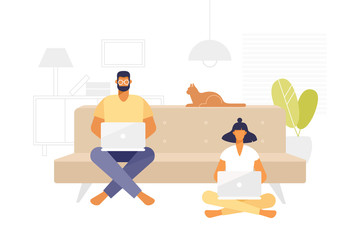 Obraz premium Man and woman working online at home. Comfort workplace at flat. Vector cartoon character - freelancer. Illustration in flat design. Social distancing and self-isolation during coronavirus quarantine
