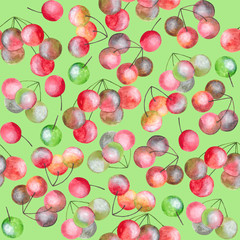 Colorful watercolor berries on light-green background: juicy seamless pattern, tender textile print and wallpaper design.