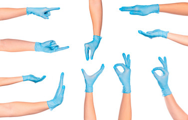 set of  female doctor`s hands in blue glove  isolated on white background- Image