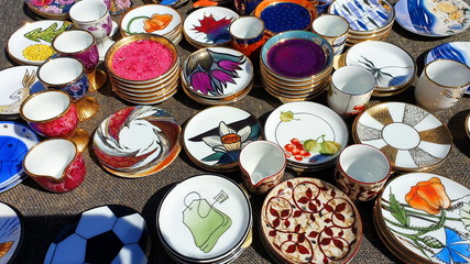  handmade ceramics folk crafts city market place  street bazaar  outdoor  glass cup plate colorful 