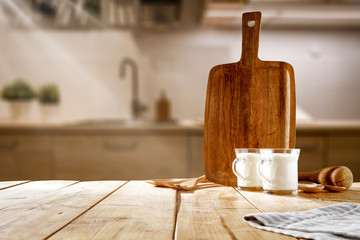 Desk of free space and kitchen interior 