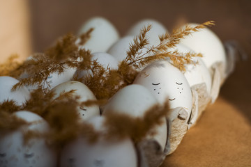 Happy Easter and white eggs in corton tray with cute faces in wreaths made of spikelets.